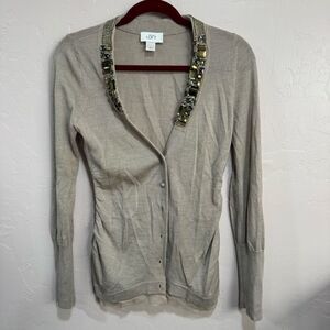 Ann Taylor Loft Taupe Beige Long Sleeve Cardigan Sweater SZ Small JEWLED V NECK